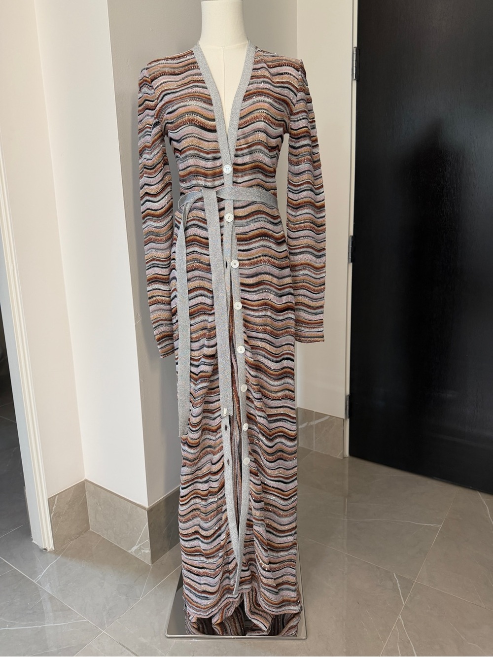Missoni 2 pc Striped Knit Maxi Dress Cardigan with Belt and matching pants Set